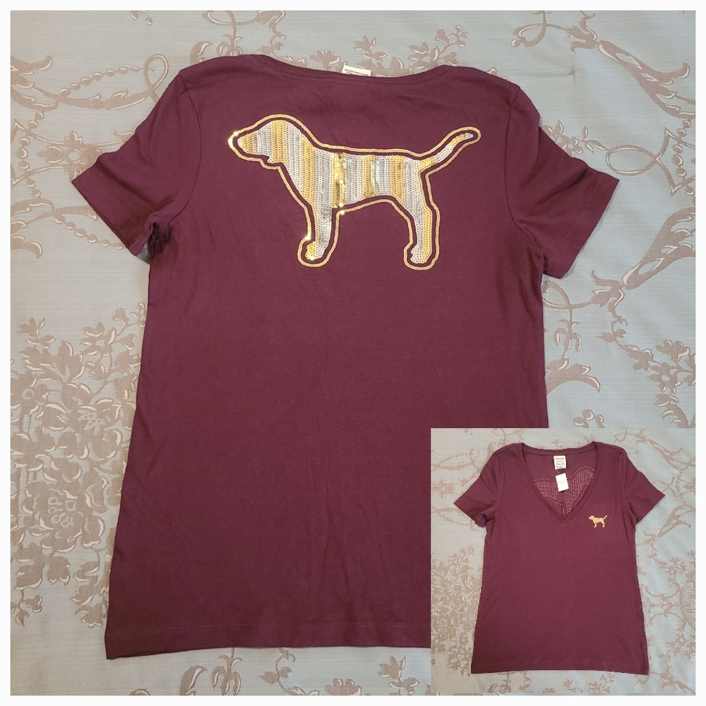 Victoria's Secret PINK Bling V-Neck T-shirt Burgundy Women Size XS